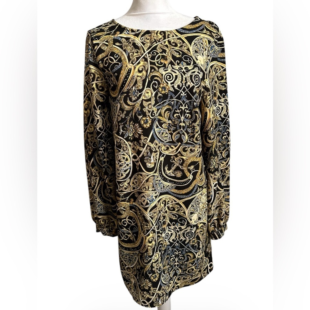 H&M Black and Gold Baroque-Style Long Sleeve Dress size 2